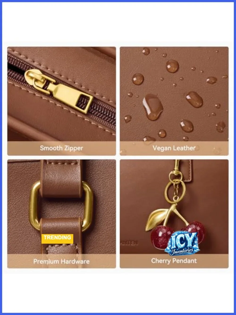 Vegan Leather Cherry Charm Shoulder Bag Gold Hardware Medium Structured Handbag